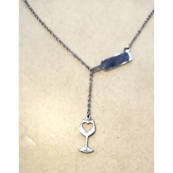 Silver Tone Wine Glass & Wine Bottle Necklace - Picture 3 of 3